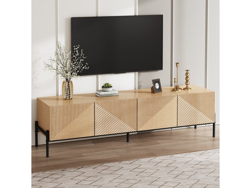 Meuble tv bois naturel 163 cm 4 portes, meuble tv moderne salon avec texture 3d et pieds en métal - Conforama B
