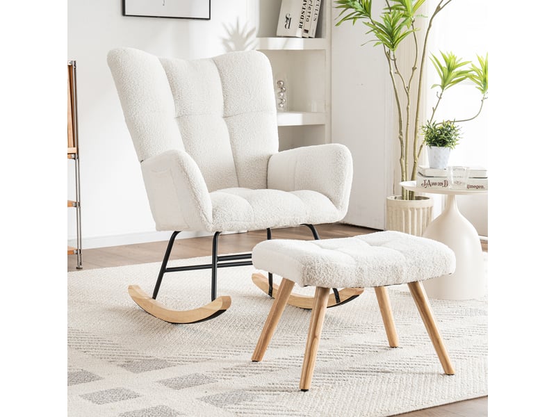  Fauteuil à bascule 64x94x92cm confortable et doux, cadre en bois d'hévéa, capacité 250 lb, blanc, revêtement teddy, avec repose-pieds  - Conforama D