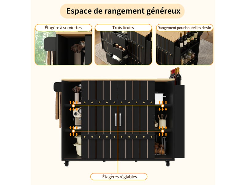  Îlot de cuisine 110x42x90 cm avec table rabattable 70 cm, 3 tiroirs, portes coulissantes et roulettes, mdf, noir  - Conforama D