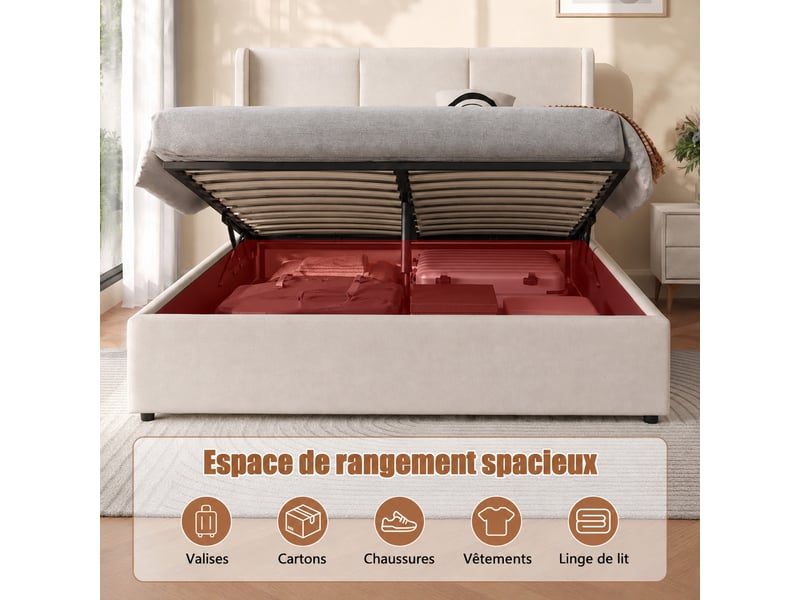  Lit coffre 160x200 beige en tissu rembourré, ouverture hydraulique  - Conforama E