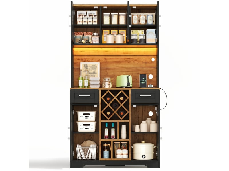  Buffet de cuisine haut avec 2 tiroirs, casier à vin amovible, led rgb et prises pour salle à manger en mdf 105×40×180 cm  - Conforama A