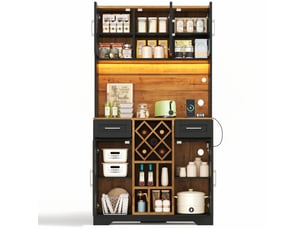 Buffet de cuisine haut avec 2 tiroirs, casier à vin amovible, led rgb et prises pour salle à manger en mdf 105×40×180 cm