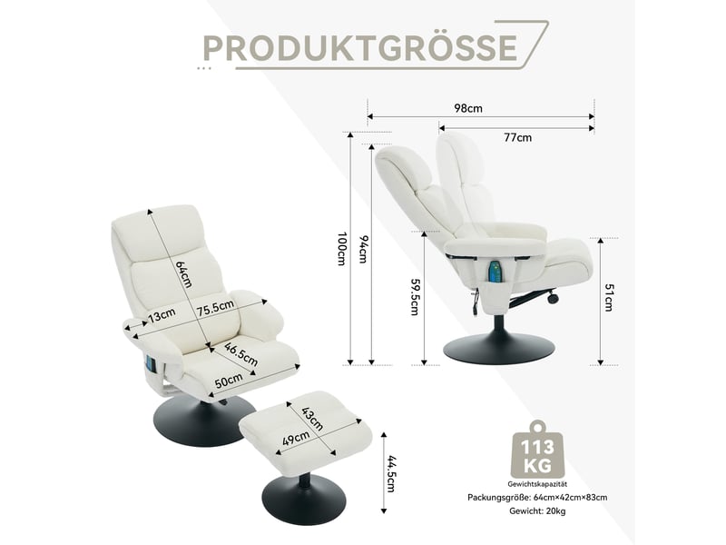  Fauteuil relax pivotant avec massage à 5 points, fonction chauffante, repose-pieds, en chenille blanc  - Conforama E