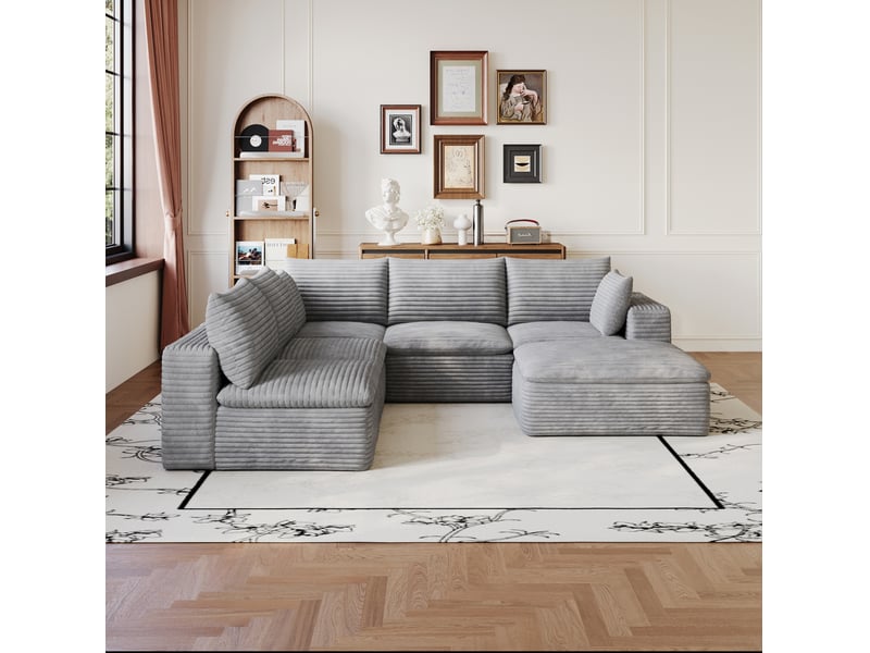  Canapé modulaire 6 places avec coussins amovibles et soutien en mousse, en velours côtelé gris foncé, 260 × 250 cm  - Conforama E