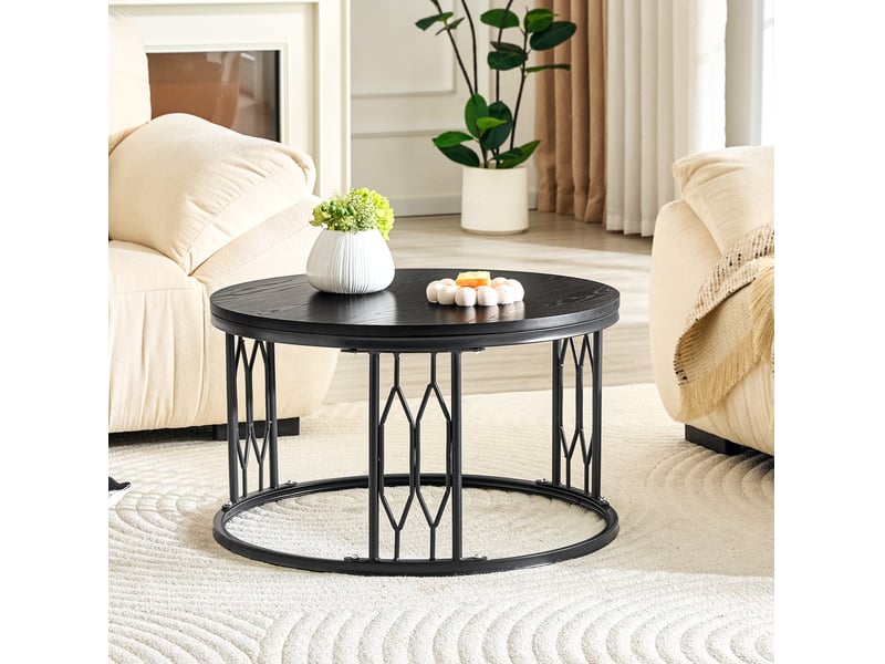  Table basse ronde 70 cm noire en mdf effet bois avec structure en métal  - Conforama E