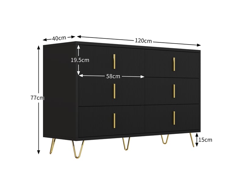 Buffet 6 tiroirs - lpospi - façade ondulée, poignées dorées panneaux de particules noir et or 120 × 40 × 77 cm  - Conforama D