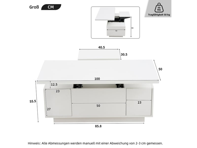  Table basse 100x50x43 cm double plateau relevable en panneau de particules blanc  - Conforama E