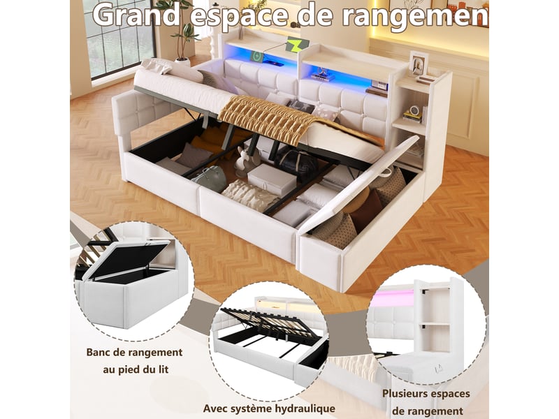 Lit coffre hydraulique 140x200 cm avec led multicolore, usb et usb-c et banc coffre, velours blanc, sans matelas - Conforama R