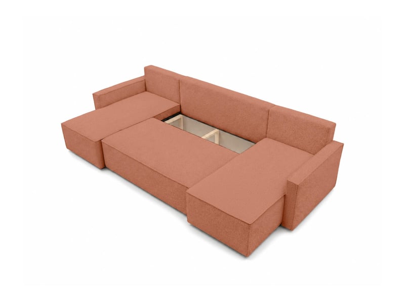 Farah - canapé d'angle panoramique convertible 6 places accoudoirs slim en tissu bouclettes généreuses - Conforama D