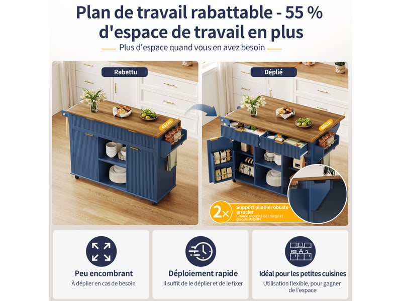  Desserte de cuisine bleu et marron avec plateau rabattable, 2 tiroirs, 2 portes et roulettes  - Conforama D