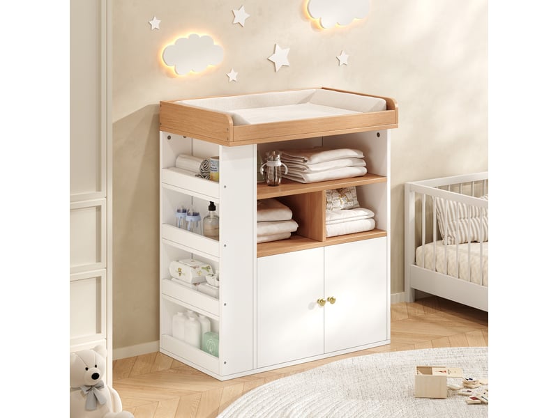  Commode à langer - 82 x 50 x 100 cm - commode à langer avec plan à langer, placard et étagères latérales - blanc et effet bois  - Conforama C