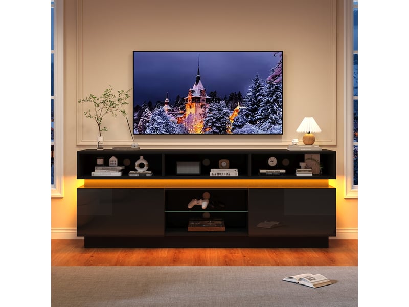 Meuble tv led avec rangement 10 niches, 160x35x60 cm, mdf noir brillant - Conforama W