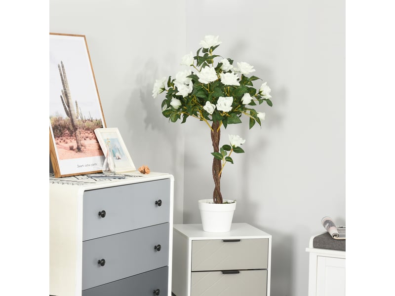  Rosier artificiel à 21 fleurs avec pot rempli de ciment et de mousse, plante artificielle anti-uv en plastique et tissu, ø18 x 90 cm, blanc et vert  - Conforama D
