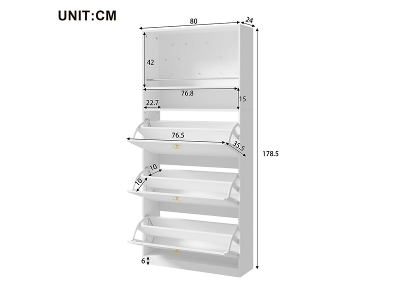  Meuble à chaussures étroit, 80x24x178,5 cm, 3 abattants, 2 niches, panneau perforé Fay Lum - Conforama C