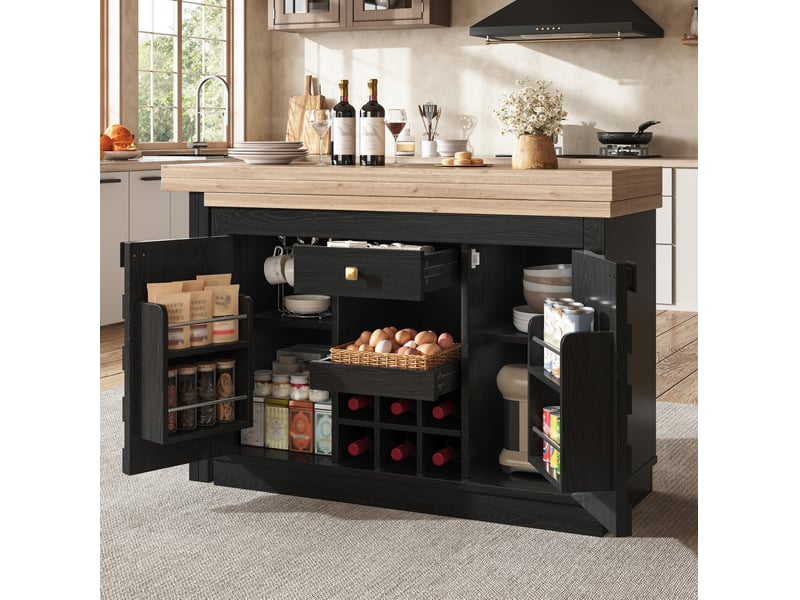  Îlot de cuisine 120-197x40x74,2 cm, pivotant à 360°, rangement, porte-bouteilles amovible, tiroir, mdf, couleur noir  - Conforama D