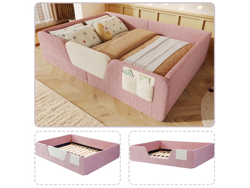  Lit enfant velours rose, lit capitonné 140x190 avec barrières de sécurité amovibles et poche de rangement, sans matelas  - Conforama D