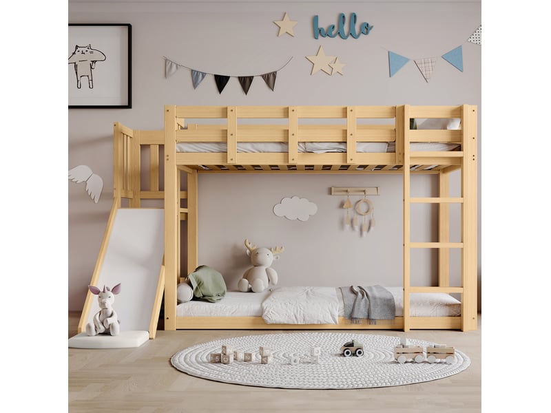 Lit superposé enfant 90x200 cm, toboggan, escalier, barrières, rideaux, pin et mdf naturel, sans matelas - Conforama E