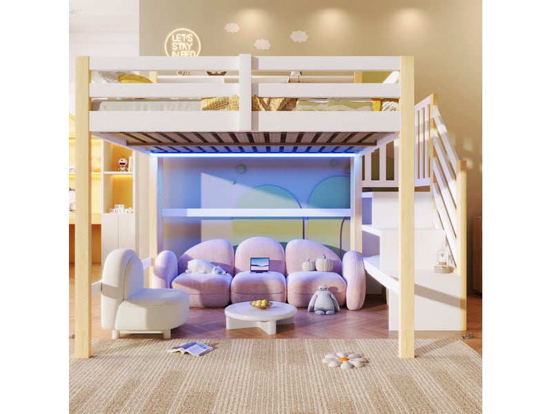  Lit mezzanine enfant 140x200 cm avec led et escalier de rangement blanc et naturel  - Conforama D