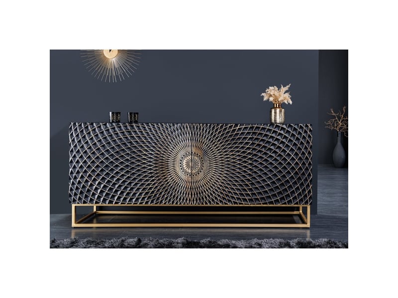 Buffet kosmos 180 cm – bois massif noir sculpté 3d – pieds métal doré  - Conforama B