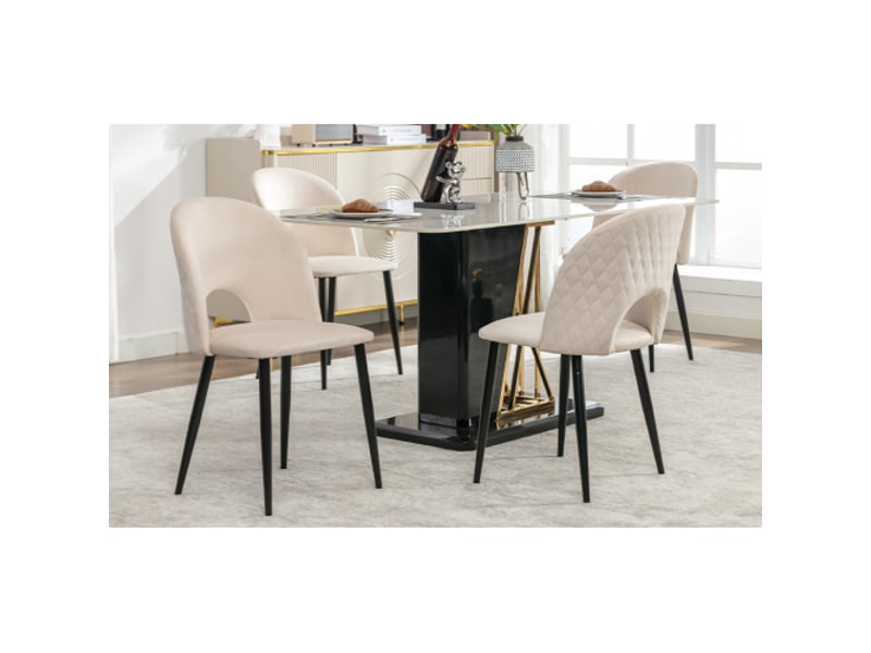 Ensemble de 4 chaises de salle à manger – velours beige capitonné, dossier diamant, pieds réglables, cadre métal - Conforama B
