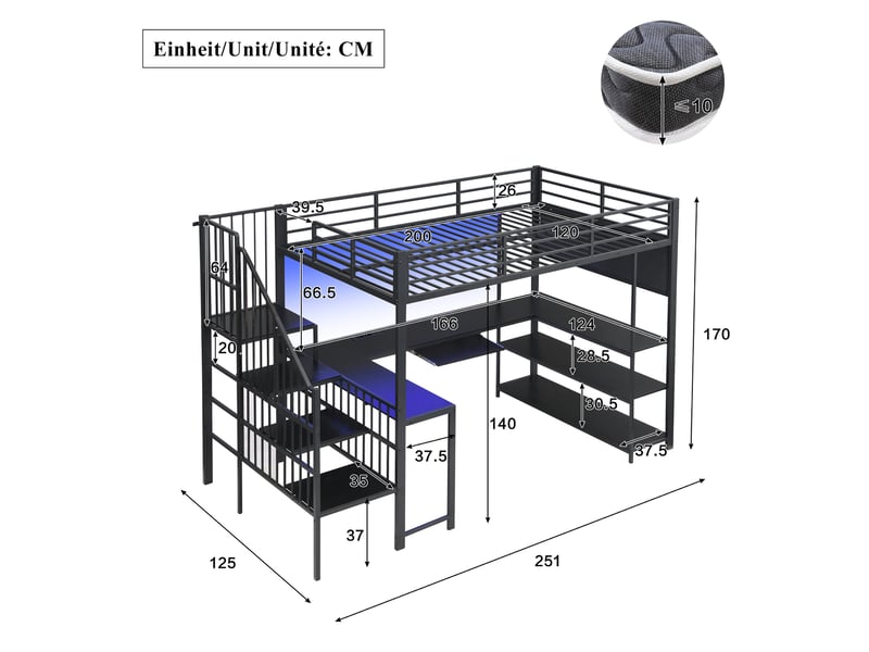  Lit mezzanine gaming adulte 120x200 cm noir métal et mdf, bureau en u, escalier, led, prise eu et rangements  - Conforama C
