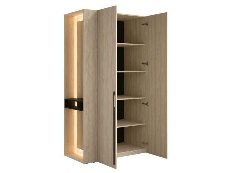  Armoire design soria 204 cm chêne et noir avec miroir led, niche et étagères – 2 portes battantes  - Conforama C