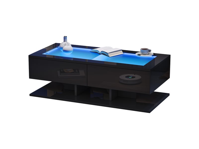  Table basse led rectangulaire 100 x 50 x 35 cm avec plateau en verre trempé, 2 tiroirs, finition laquée brillante, commande par application, noir  - Conforama A