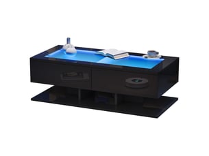Table basse led rectangulaire 100 x 50 x 35 cm avec plateau en verre trempé, 2 tiroirs, finition laquée brillante, commande par application, noir