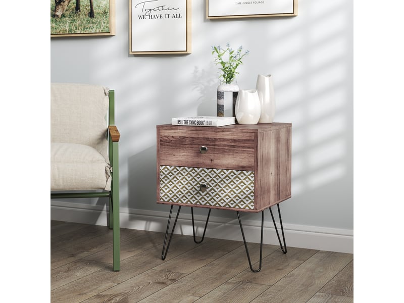  Table de chevet style bohème avec 2 tiroirs, pieds en acier, pour chambre ou salon, 45 x 39 x 55,5 cm, marron  - Conforama D