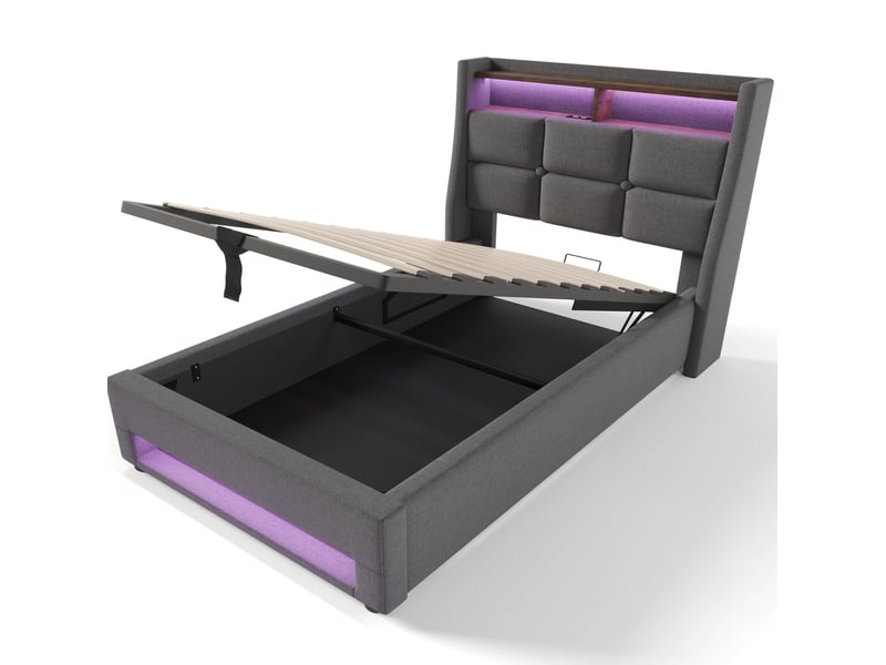 Lit coffre adulte 90x200 cm – gris – led, usb et rangement relevable avec sommier à lattes intégré - Conforama D