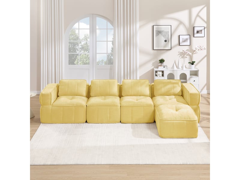  Canapé 4 places - 344x162x67cm - canapé d'angle modulaire en l avec pouf repose-pieds en mousse 32d sans cadre - jaune  - Conforama B