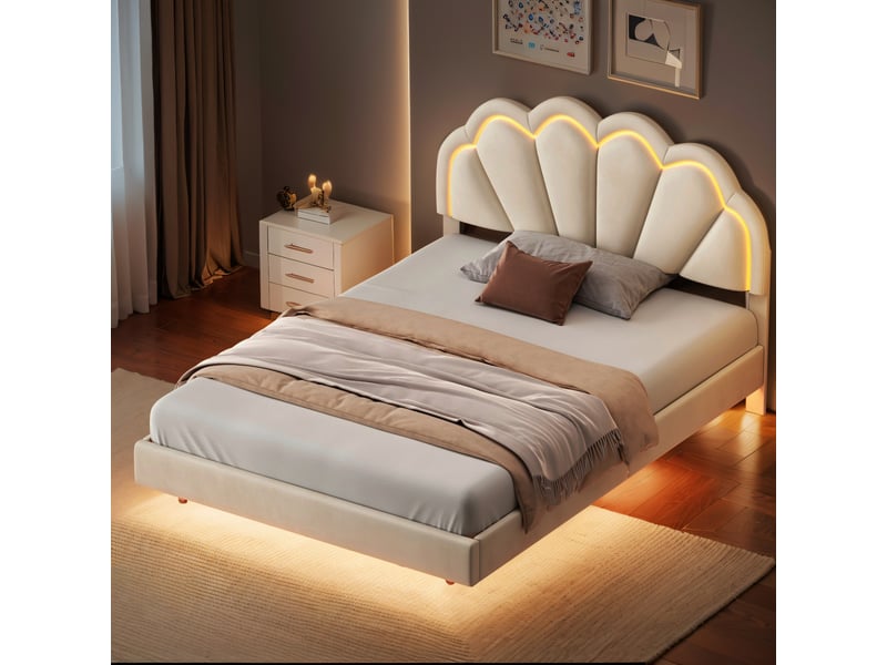  Lit double 140 x 200 cm avec led,lit princesse,lit enfant 140 x 200 cm, lit rembourré ,sommier à lattes,beige,velours  - Conforama W