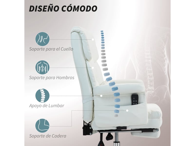 Chaise de bureau avec massage, similicuir blanc et repose-pieds rétractable  - Conforama R