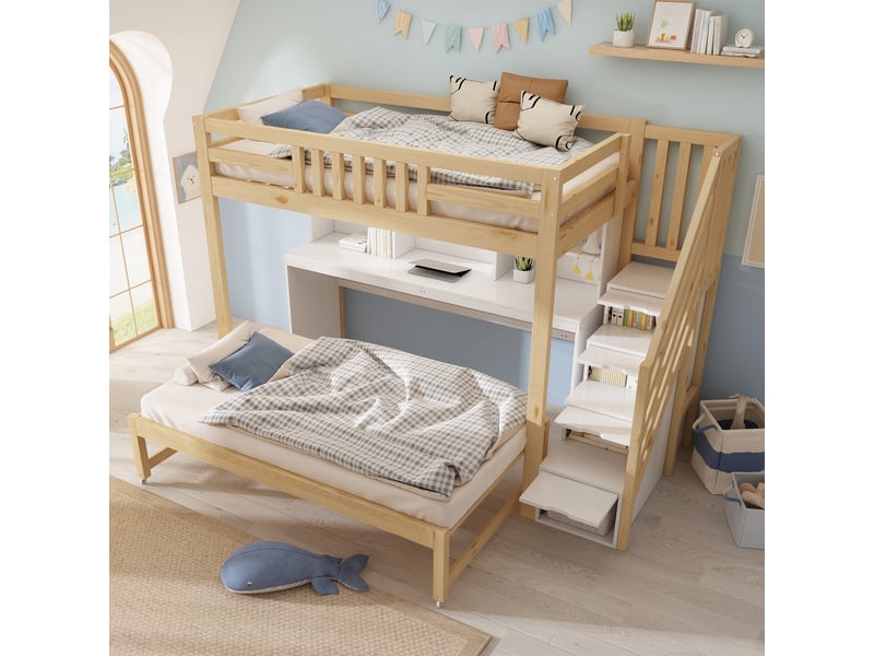  Lit superposé enfant 90x200 cm avec lit gigogne 90x190 cm, bureau intégré, escalier avec rangements et étagères, structure en bois - blanc et chêne  - Conforama D
