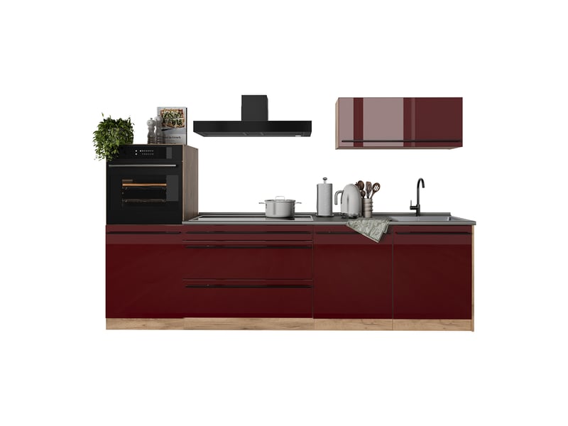  Vicco cuisine, rouge brillantchêne doré, 280cm plan de travail marbre  - Conforama E