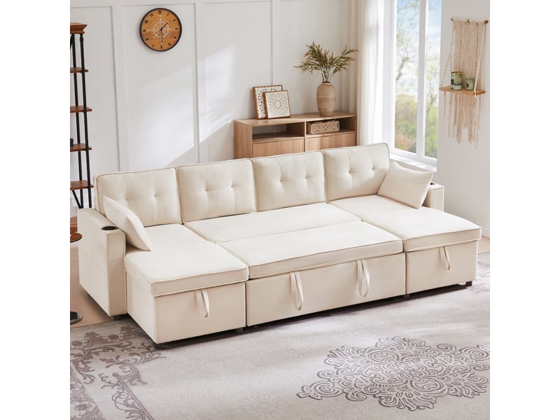  Canapé d'angle en u convertible coton-lin beige – rangements et porte-gobelets pour salon et chambre  - Conforama E