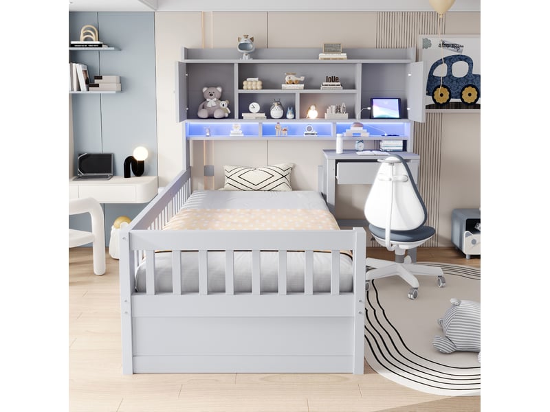 Lit enfant 90x200 cm, bureau, rangements, éclairage led, prise, barrières, bois de pin et mdf, gris, sans matelas - Conforama D
