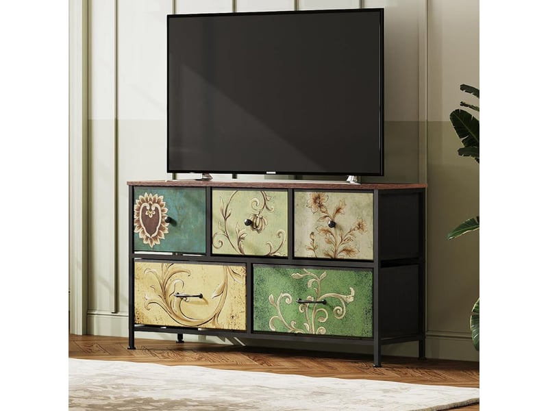  Commode 5 tiroirs, commode de rangement, tissu floral,structure en métal,pour salon, chambre, style bohème,100 x 30 x 55 cm  - Conforama R