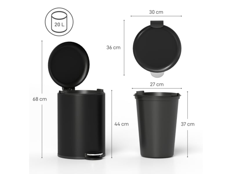  Poubelle de cuisine noire 20 l en métal, anti-traces, pédale, couvercle soft-close, bac amovible  - Conforama C
