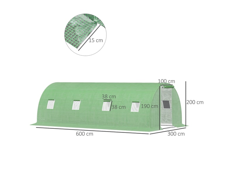  Serre tunnel de jardin 600 x 300 x 200 cm – verte – 8 fenêtres enroulables, porte zippée et structure acier  - Conforama C