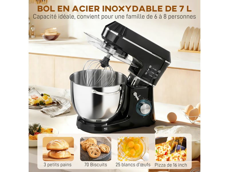  Robot pâtissier 1400 w, robot pétrin professionnel 7 l avec 6+p vitesses, crochet pétrisseur, noir  - Conforama E