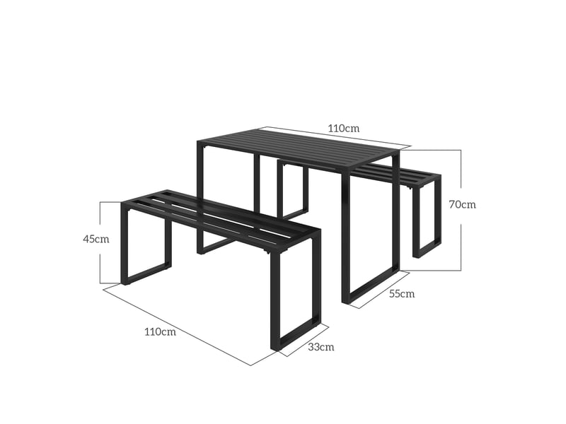  Salon de jardin 3 pièces 110x55x70 cm – noir – table et 2 bancs en métal résistant aux intempéries  - Conforama C