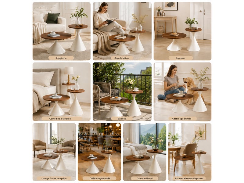  Lot de 2 tables basses gigognes rondes en brun et blanc et design conique en métal  - Conforama C