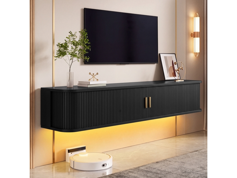  Meuble tv suspendu led 175 cm noir avec portes coulissantes rainurées et tiroir IKSETERA TRADING LTD - Conforama B