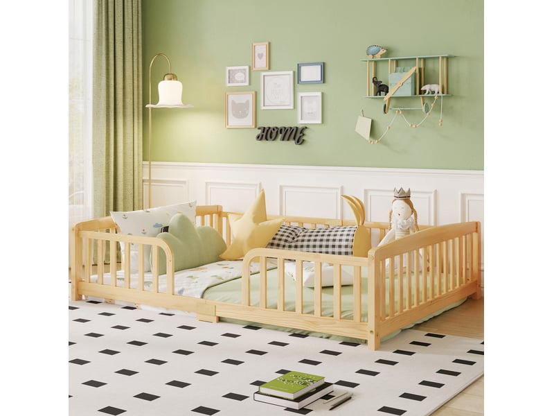 Lit au sol enfant 140 x 200 cm avec barrières, accès central, pin naturel - Conforama B
