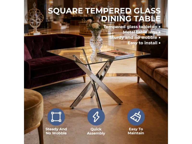  Table à manger en verre trempé 80×80 cm – pieds croisés en métal chromé, salon et cuisine, gain de place  - Conforama D