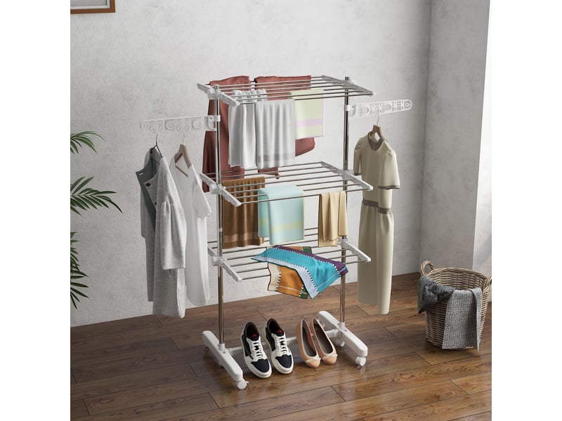  Séchoir à linge vertical pliable avec 6 roues, 2 côtés pliables, étagères réglables et cadre en acier inoxydable pour une utilisation intérieure et extérieure  - Conforama C