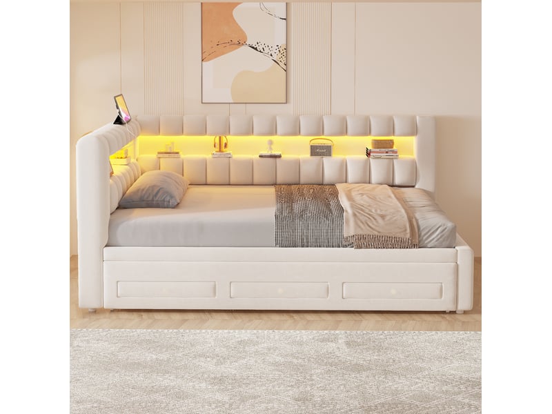 Lit gigogne 90x190 cm avec rangement, led et usb-c, velours beige, sans matelas - Conforama B