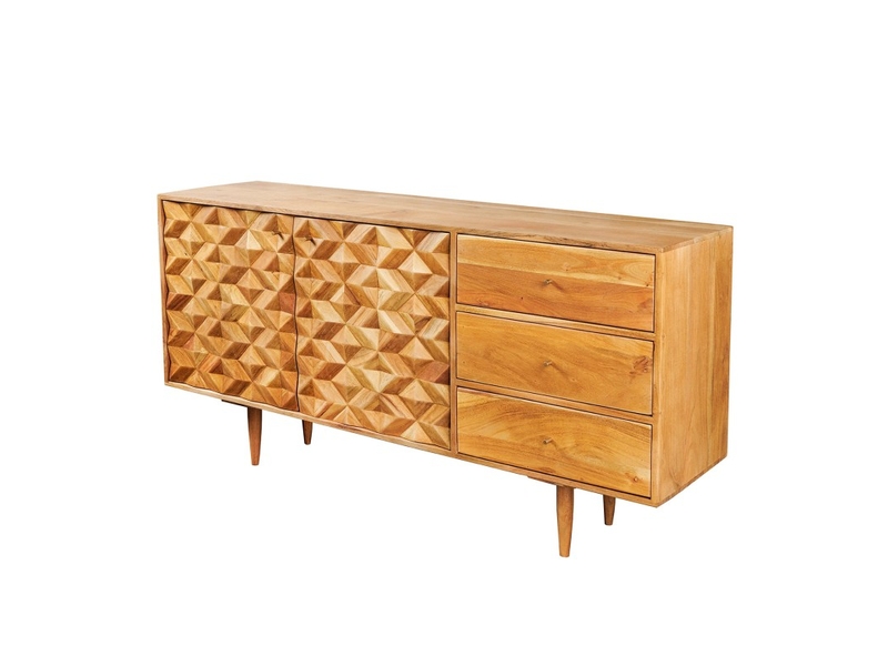  Buffet aravis 145 cm – bois massif acacia clair sculpté – 2 portes et 3 tiroirs  - Conforama A