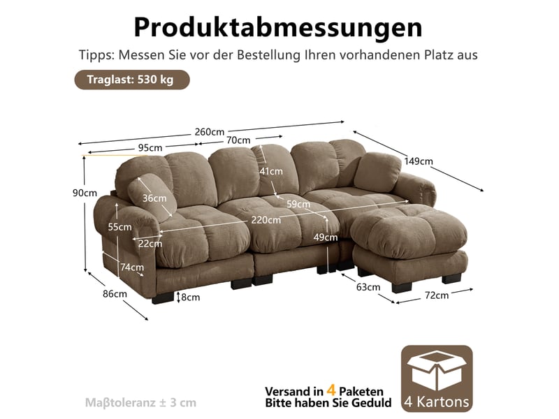  Canapé d’angle 3 places modenvie avec ottomane mobile, 2 coussins décoratifs, chenille marron, 260 x 149 x 90 cm  - Conforama C